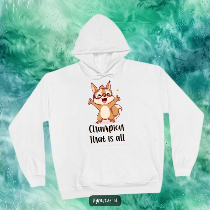 Funny hoodie featuring a happy squirrel sporting a headguard, captured mid-victory dance with infectious celebratory energy.