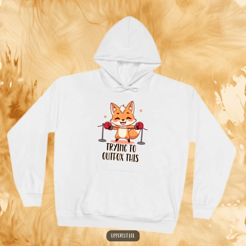 Funny fox in boxing gloves comically trying to skip rope, depicted on a cozy hoodie, offering a humorous visual.