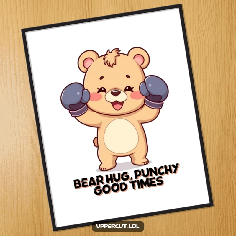 Funny Free Printable wall art of a happy bear cub wearing boxing gloves, throwing a playful jab with energetic charm.