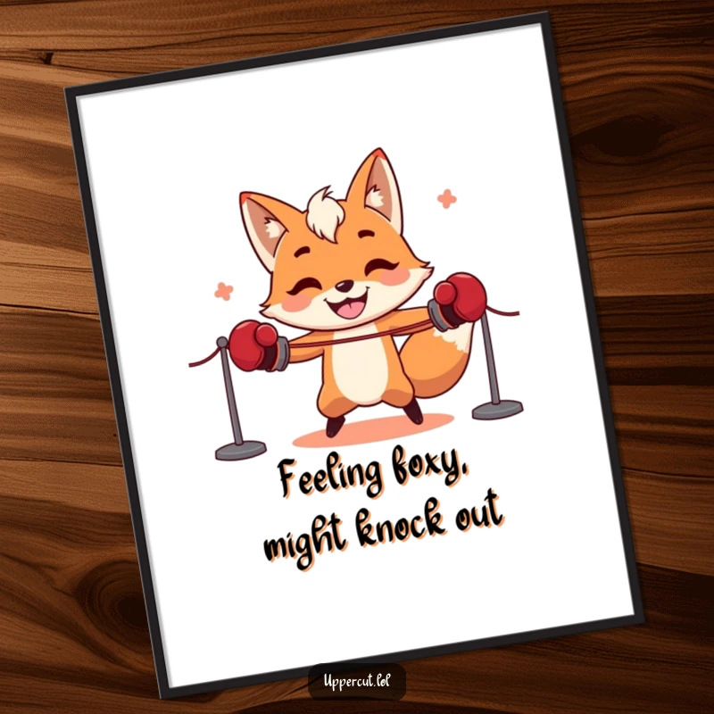 Funny Free Printable Wall Art of a grinning fox in boxing gloves attempting to skip rope, a humorous and energetic piece.