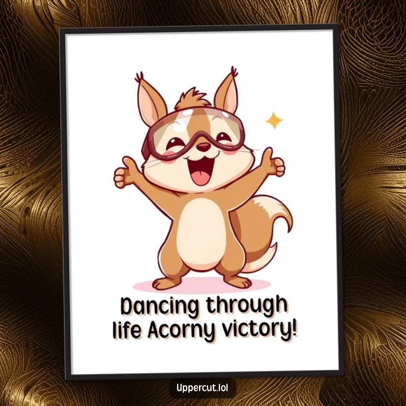 Funny Free Printable Wall Art: Amused squirrel in headguard celebrating with an energetic victory dance, full of life.