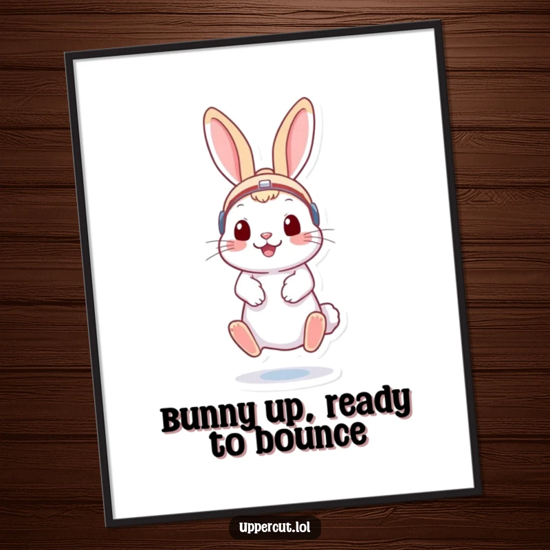 Funny Free Printable Wall Art of a playful rabbit wearing boxing headgear, bouncing energetically on its toes, full of spirit.