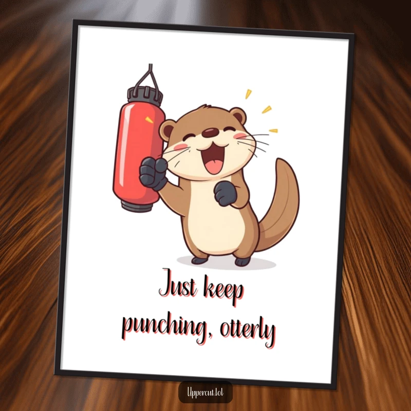 Funny Free Printable Wall Art of a joyful otter with gloves, playfully hitting a floating punching bag, radiating fun.