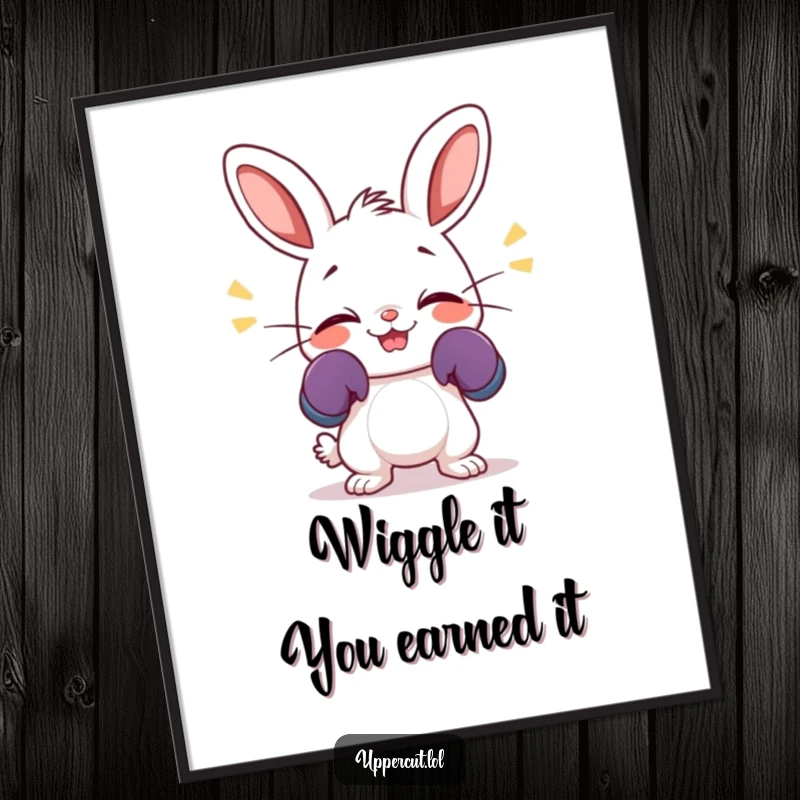 Funny Free Printable Wall Art: Giggling rabbit in tiny boxing gloves, nose wiggling enthusiastically, full of joy.