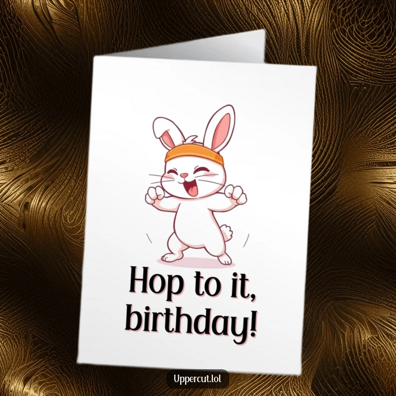 Funny Free Printable Birthday Card: Feisty rabbit in a headband dodges an imaginary punch with speed and flair.