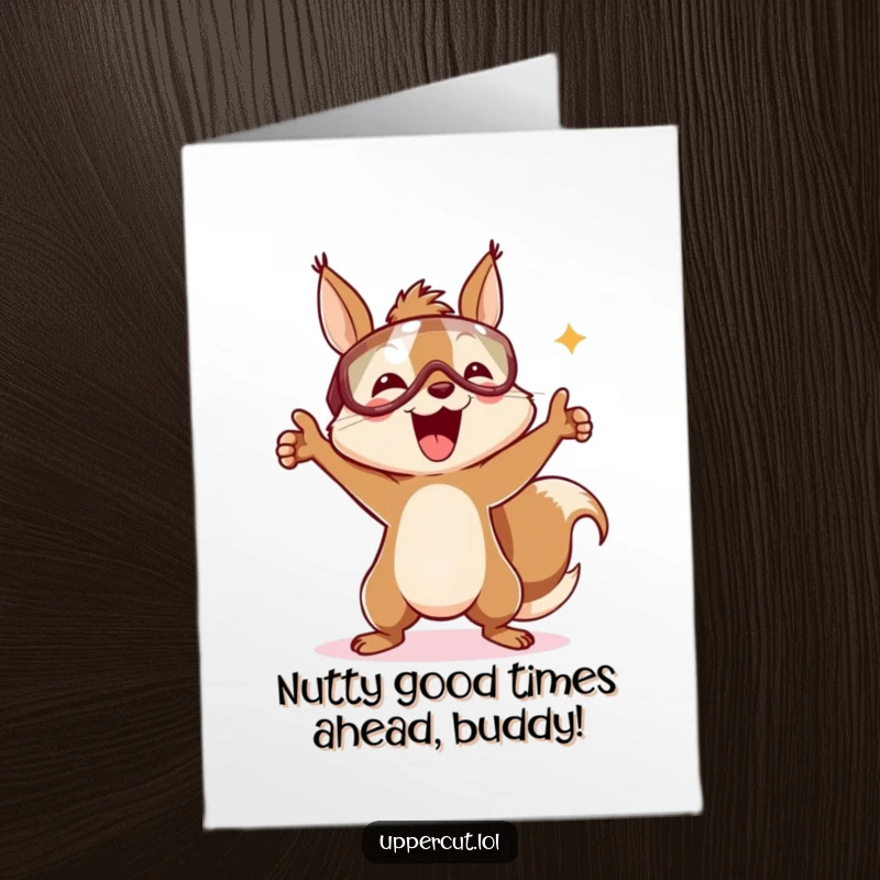 Funny Free Printable Birthday Card: Delighted squirrel in headguard doing a victory dance, celebrating with pure joy.