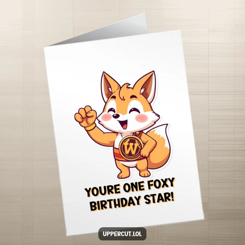 Funny Free Printable Birthday Card: A sly fox wearing a championship belt, raising a celebratory paw, wishing you a happy birthday.