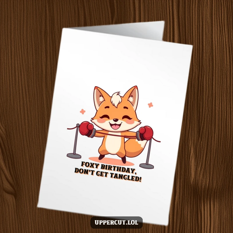 Funny Free Printable Birthday Card featuring a grinning fox in boxing gloves hilariously failing to skip rope, perfect for a laugh.