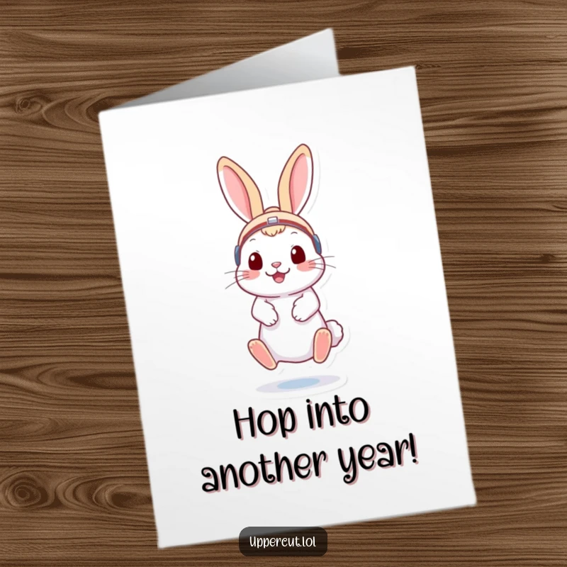 Funny Free Printable Birthday Card featuring a playful rabbit in headgear, energetically bouncing on its toes, ready to party.