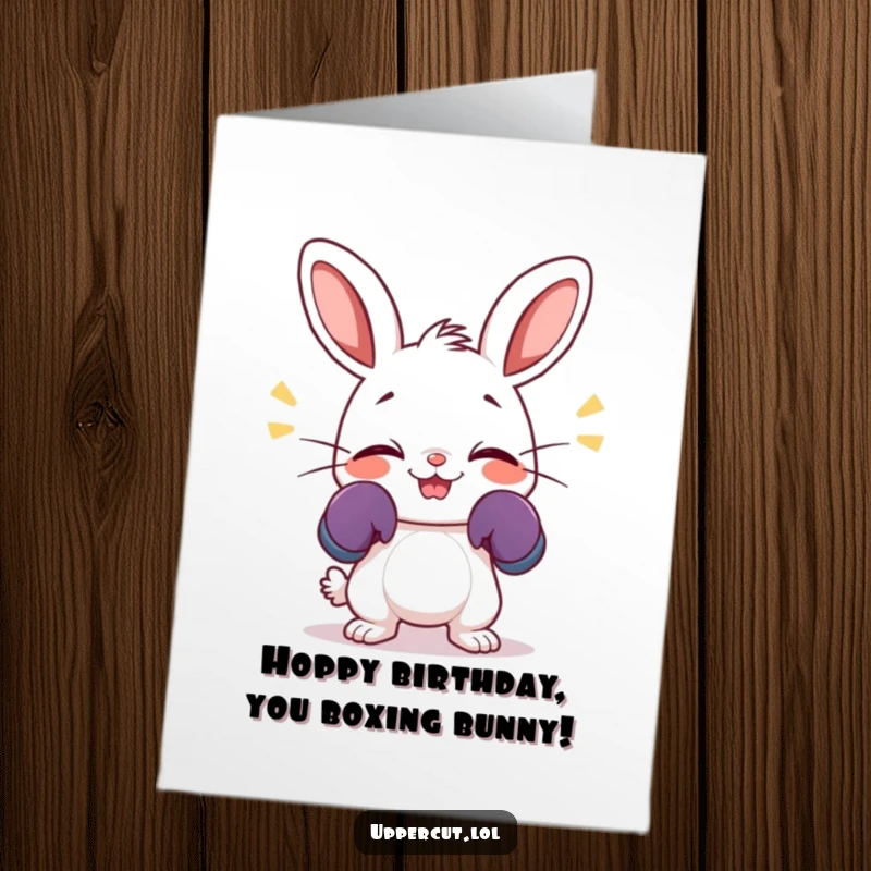 Funny Free Printable Birthday Card: Giggling rabbit wearing tiny boxing gloves, wiggling nose with pure excitement.