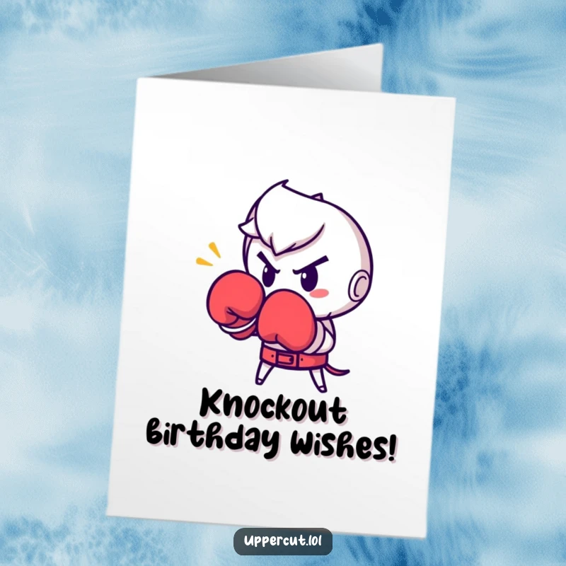 Funny Free Printable Birthday Card: Determined boxing glove character throws a mighty punch, celebrating a birthday.