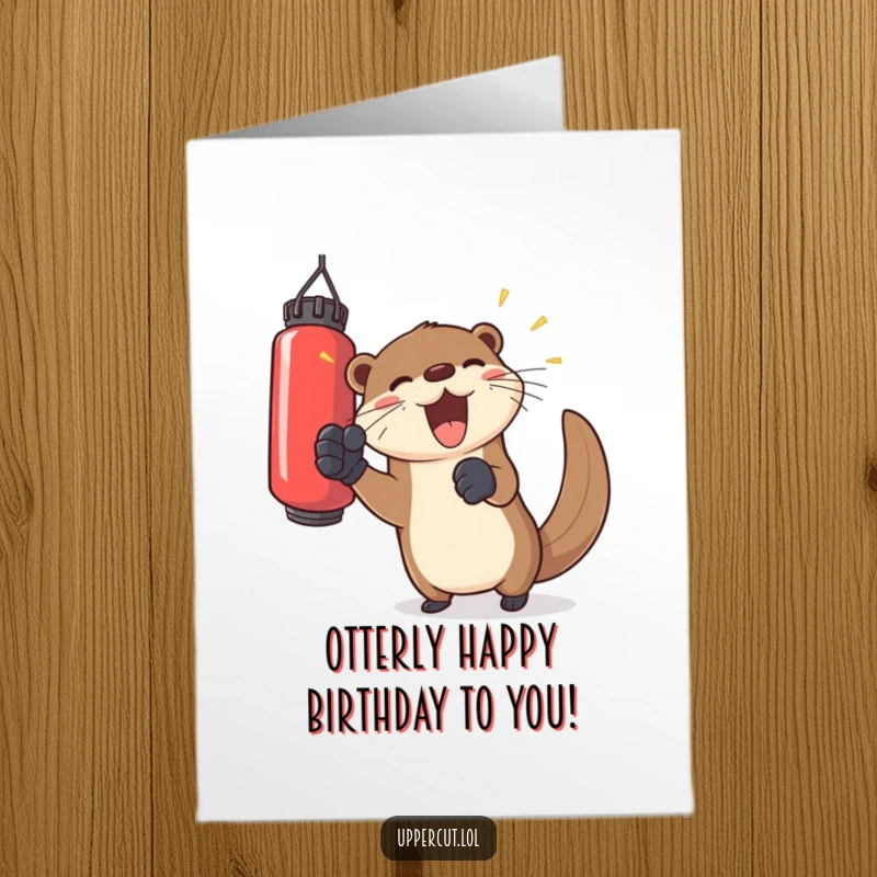 Funny Free Printable Birthday Card featuring a joyful otter in gloves playfully punching a floating punching bag for a birthday wish.