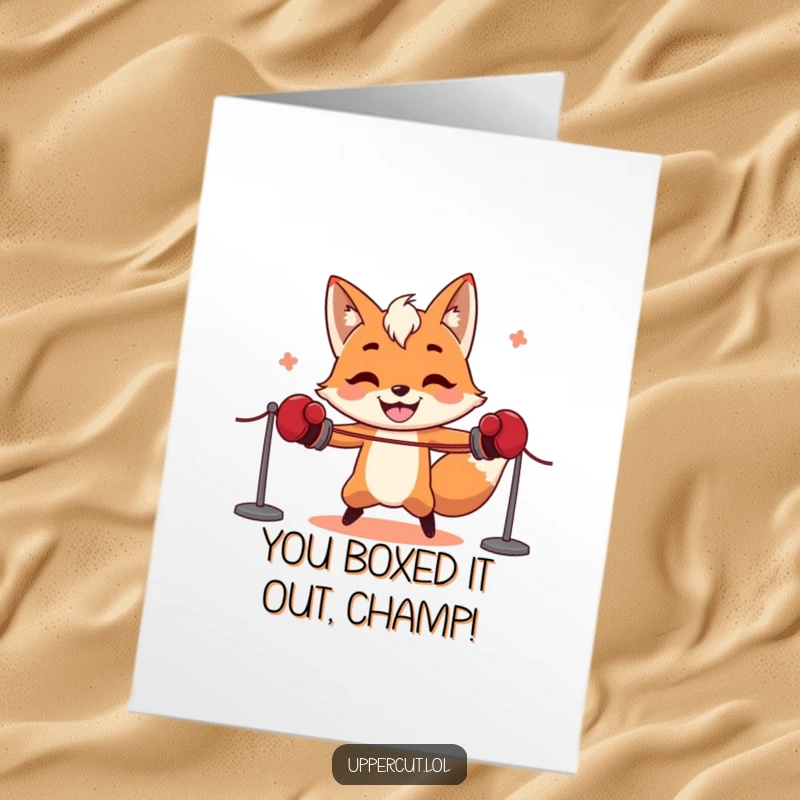 Funny Free Printable Congratulations Card showing a triumphant boxing fox ready to celebrate, a hilarious downloadable greeting.