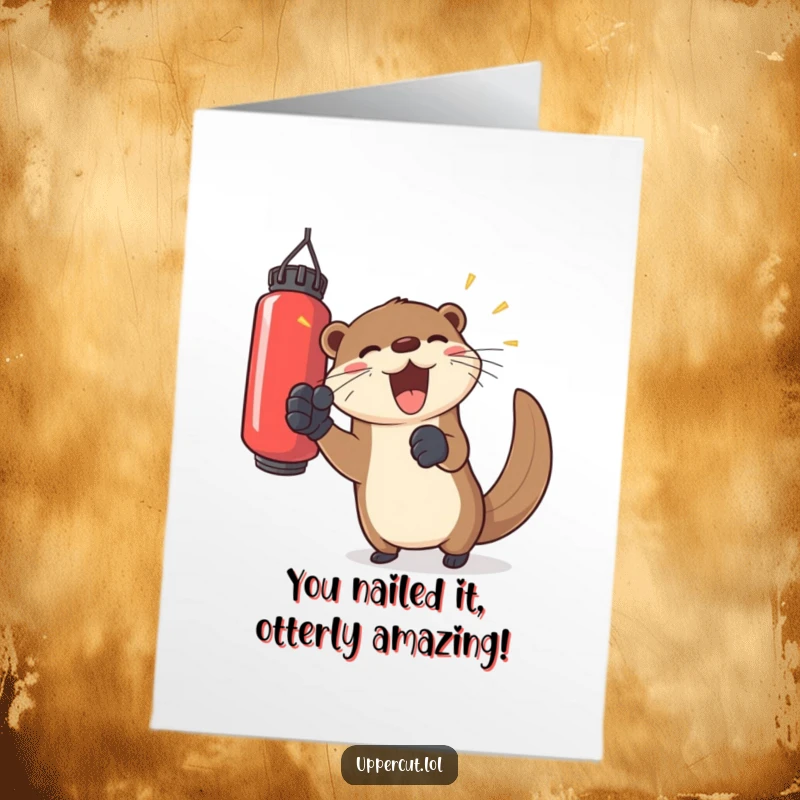 Funny Free Printable Congratulations Card of a joyful otter wearing gloves, playfully hitting a punching bag in celebration.