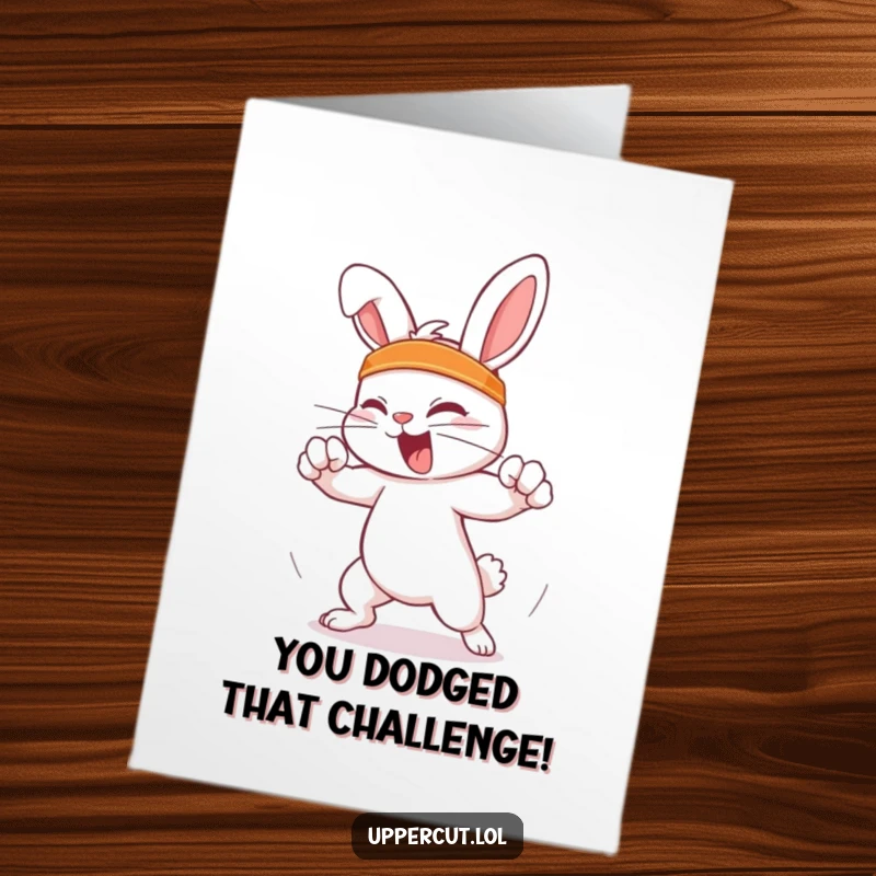 Funny Free Printable Congrats Card: Feisty rabbit in a headband skillfully dodges an imaginary punch, celebrating achievements.