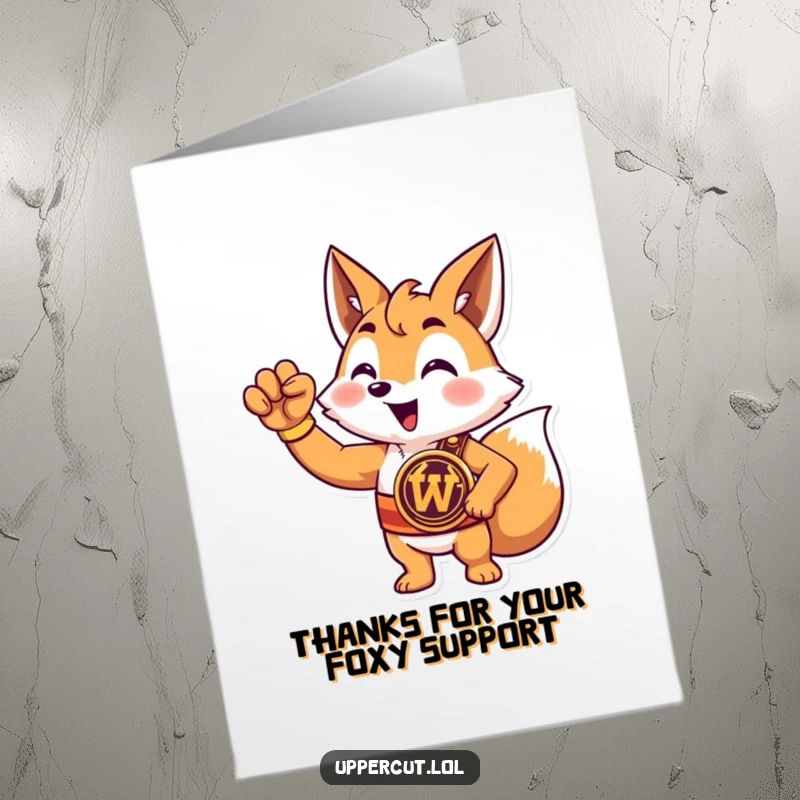 Funny Free Printable Thank You Card: A champion fox with a belt, raising a paw to express heartfelt thanks.