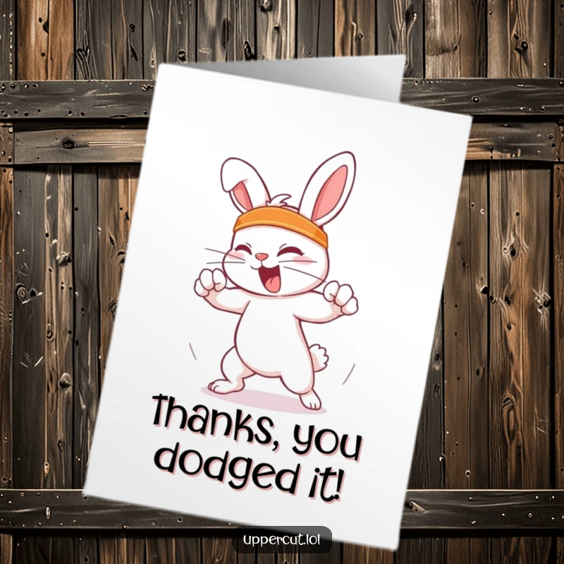 Funny Free Printable Thank You Card: Feisty rabbit in a headband dodges an imaginary punch, conveying thanks playfully.