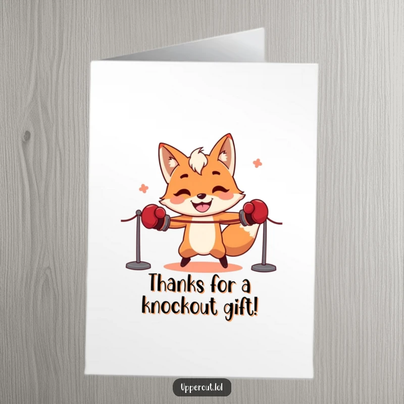 Funny Free Printable Thank You Card with a grinning fox in boxing gloves, ready to deliver a humorous thank you message.