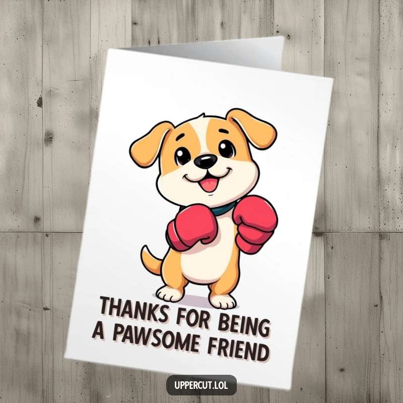 Funny Free Printable Thank You Card: A dog in boxing mitts offering a playful paw tap to say thanks.