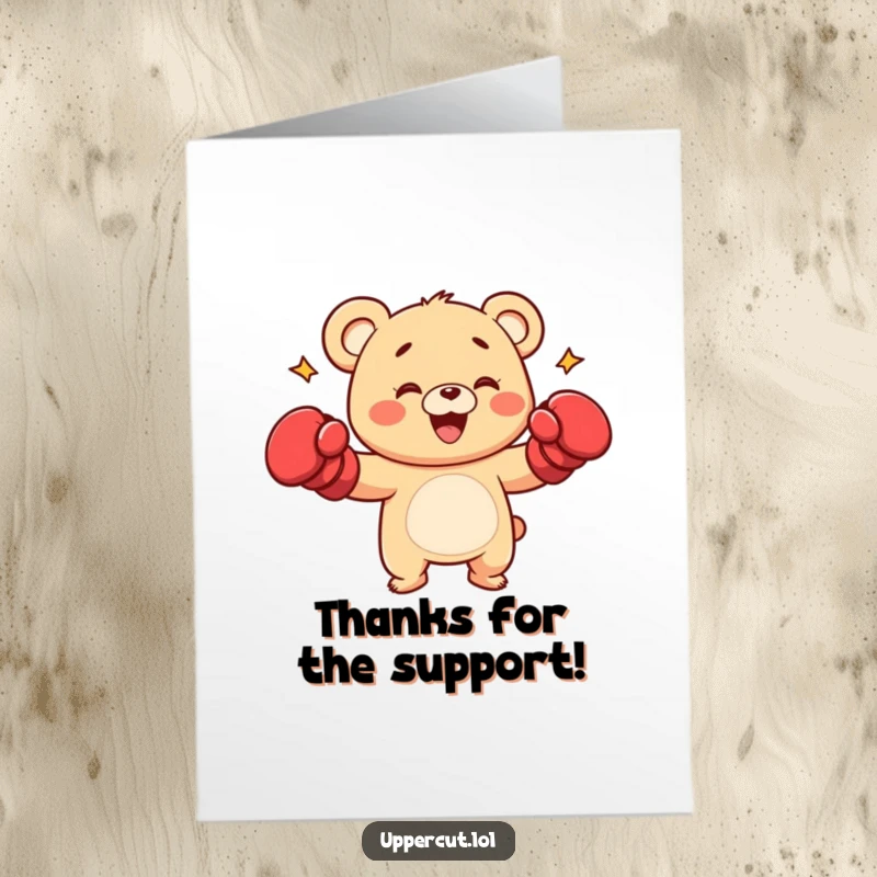 Funny Free Printable Thank You Card: Happy bear cub wearing boxing gloves, playfully punching to express thanks.