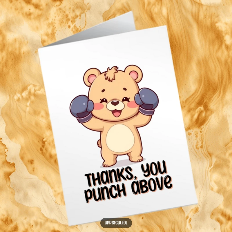 Funny Free Printable thank you card featuring a happy bear cub wearing boxing gloves, throwing a playful, friendly jab.