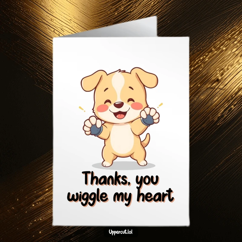Funny Free Printable thank you card featuring a cheerful puppy wearing tiny gloves, playfully dodging a shadow punch.