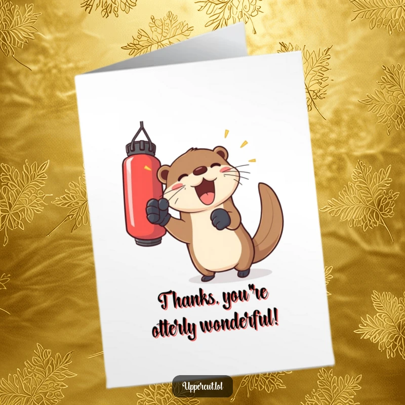 Funny Free Printable Thank You Card featuring a joyful otter in gloves, delivering a playful punch to a floating bag.