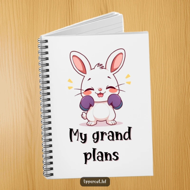Funny notebook featuring a giggling rabbit with tiny boxing gloves, wiggling its nose enthusiastically, ready for creative writing.