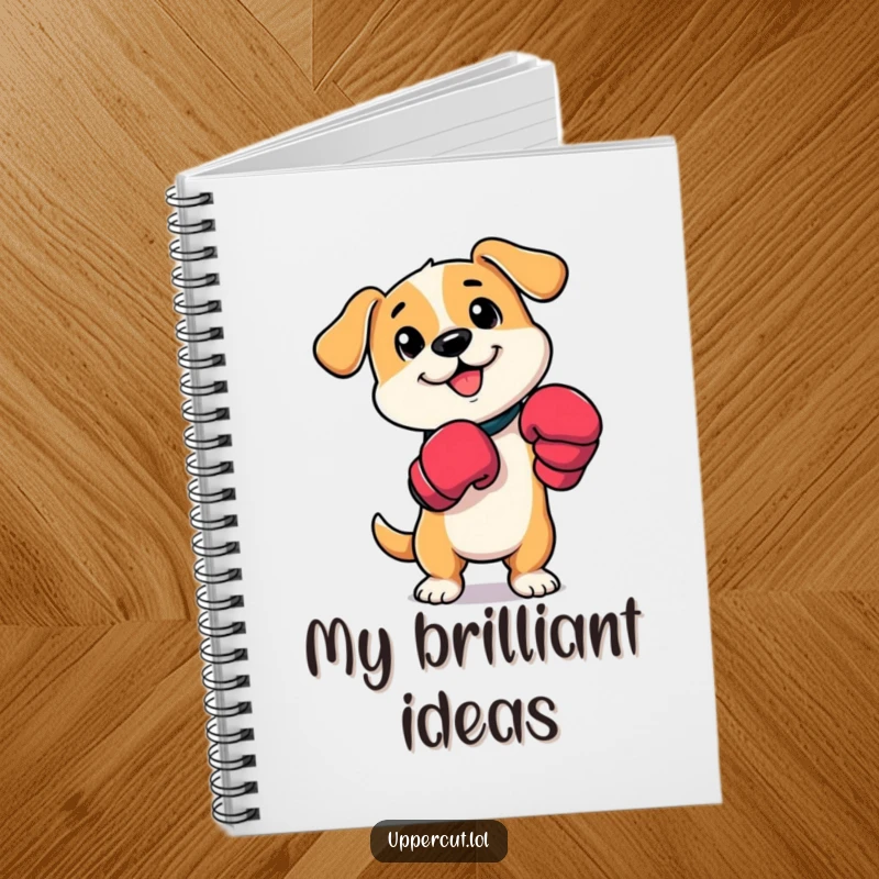 Funny dog boxer notebook featuring a cartoon dog in boxing mitts, playfully tapping its paws, perfect for jotting down ideas.