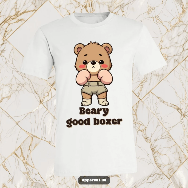 Funny Bear Boxing T-Shirt: Determined bear in boxing shorts humorously bobbing and weaving, a fun and lively design.