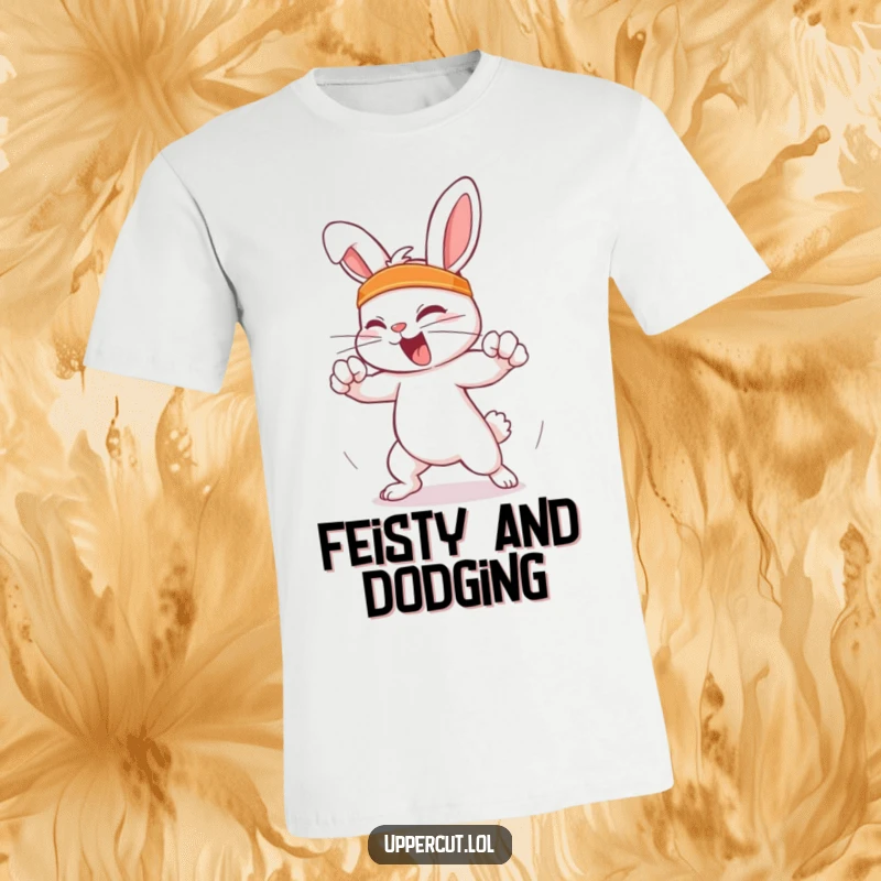 Funny Feisty Rabbit T-Shirt: Feisty rabbit in a headband humorously dodging an imaginary punch, a design full of witty action.