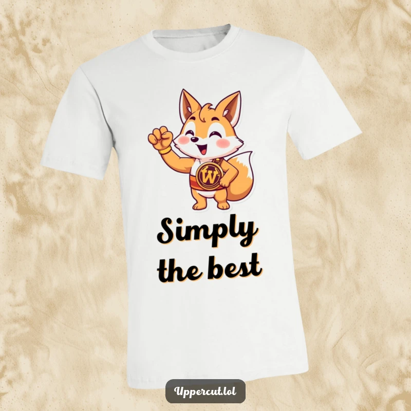 Funny fox champion t-shirt with a triumphant cartoon fox wearing a championship belt and raising a paw in celebration.
