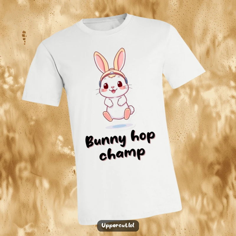 Funny rabbit in boxing headgear, energetically bouncing on toes, a humorous t-shirt for playful vibes.