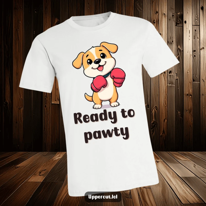 Funny dog boxer t-shirt showcasing a cartoon dog in boxing mitts, playfully tapping its paws, full of energetic joy.