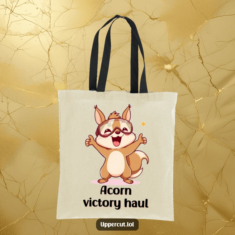 Funny tote bag displaying a delighted squirrel in a headguard, joyfully performing a victory dance with a cheerful attitude.