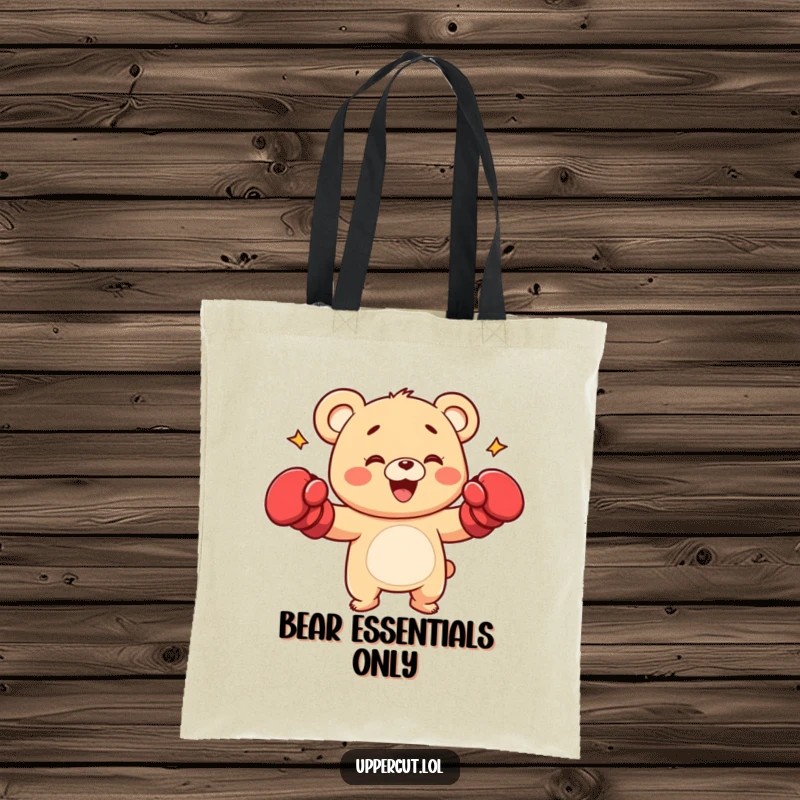 Funny bear cub character with boxing gloves, playfully punching, a durable and humorous tote bag for gym or shopping.