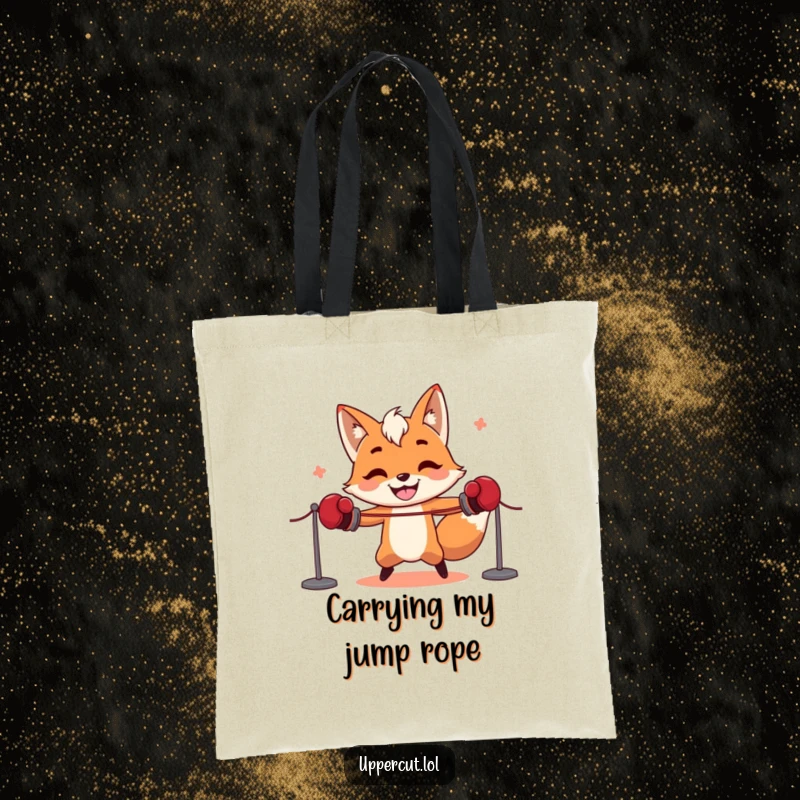 Funny fox wearing boxing gloves, comically attempting jump rope, a humorous tote bag design for practical laughs.