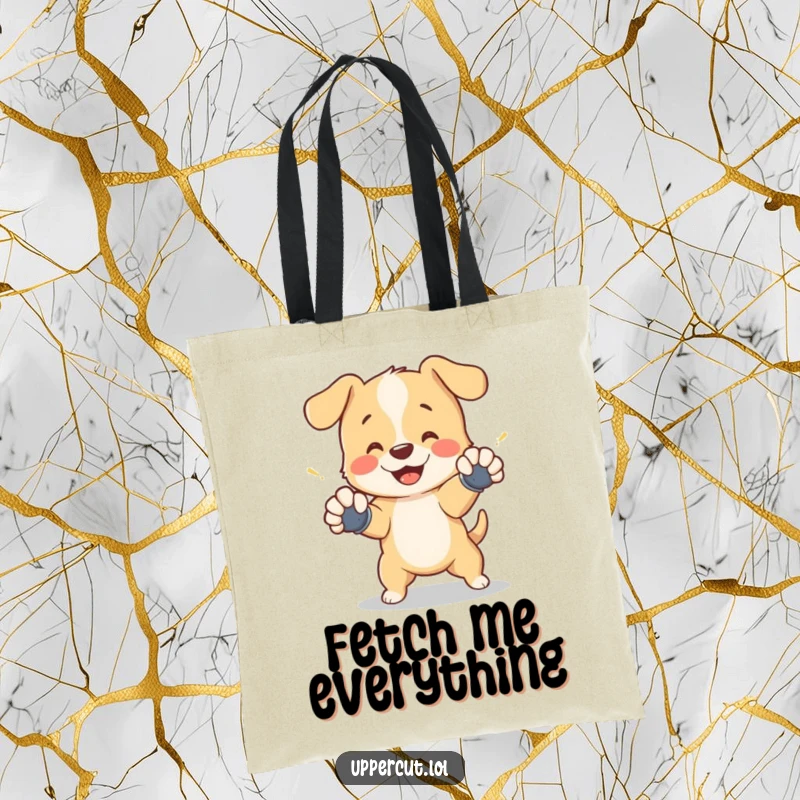 Funny tote bag with a cheerful puppy in tiny gloves, playfully dodging a shadow punch, ready for any outing.