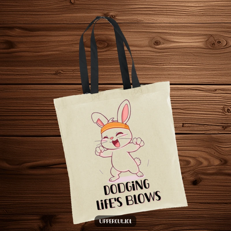 Funny Feisty Rabbit Tote Bag: Feisty rabbit in a headband humorously dodging an imaginary punch, a durable and funny accessory.