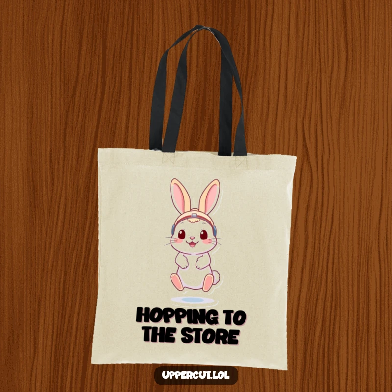 Funny rabbit in boxing headgear, energetically bouncing on toes, a humorous tote bag for playful errands.